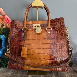 Michael Kors Large Hamilton Croc-Embossed Leather Satchel – Cognac/Gold